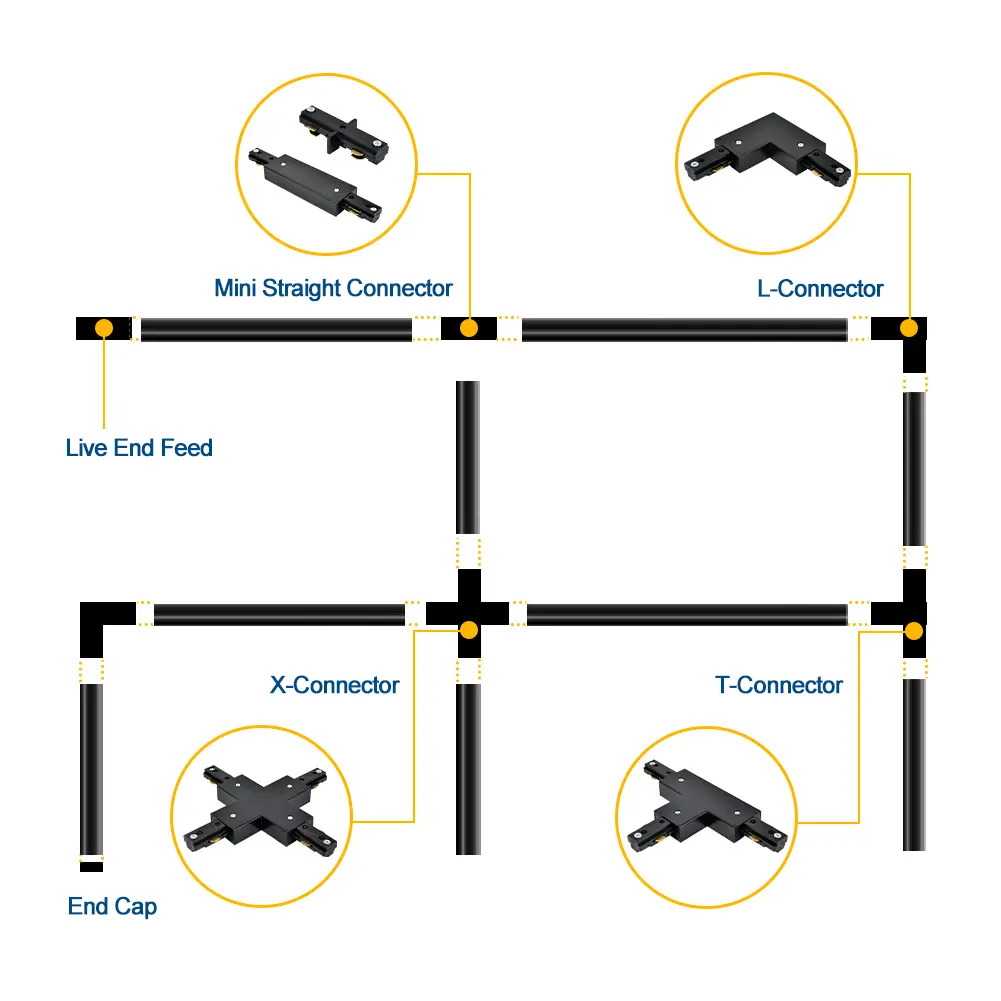 Modular Track Lighting Ceiling Grid Layout Diagram with Connectors and Power Feeds