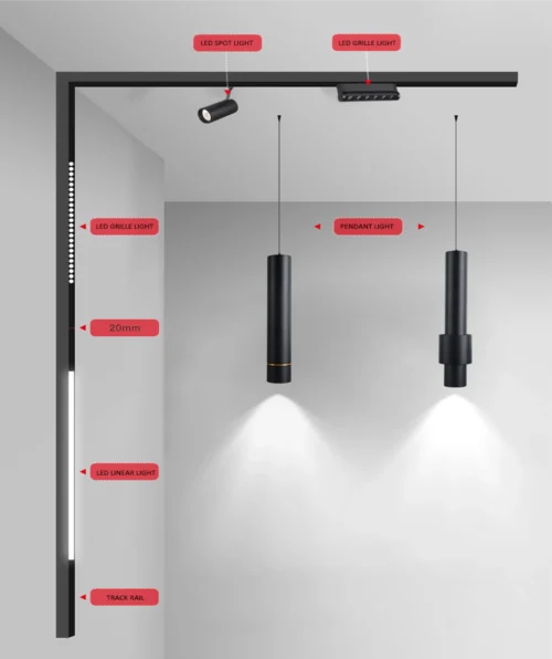 Architectural 48V Low Voltage Magnetic Track Lighting System - Recessed Surface and Suspended Rails with Modular Spot and Linear Fixtures (24V Customization Available)